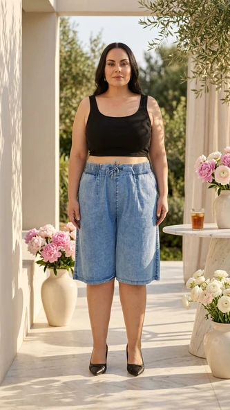 Büyük Beden Beli Lastikli Bağcıklı Bol Kesim Denim Kadın Kapri ürün görseli 1