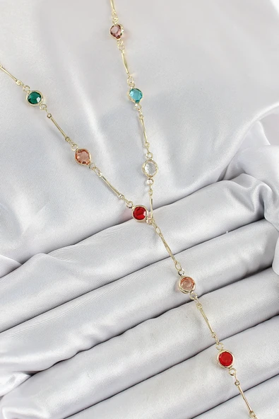 Pirinç Asorti Model Gold Renk Zirkon Taşlı Y Kolye ürün görseli 1