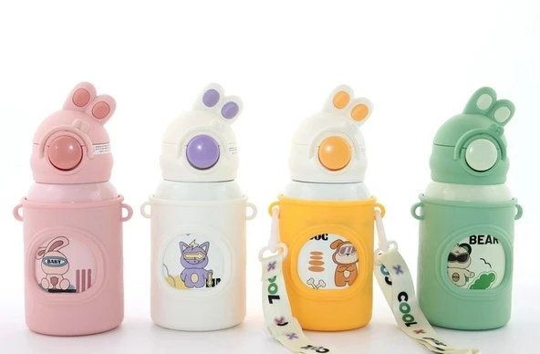 Tavşan Kulaklı Pipetli Çocuk Termosu - 500 Ml Paslanmaz Çelik Suluk Alk2309 ürün görseli 1