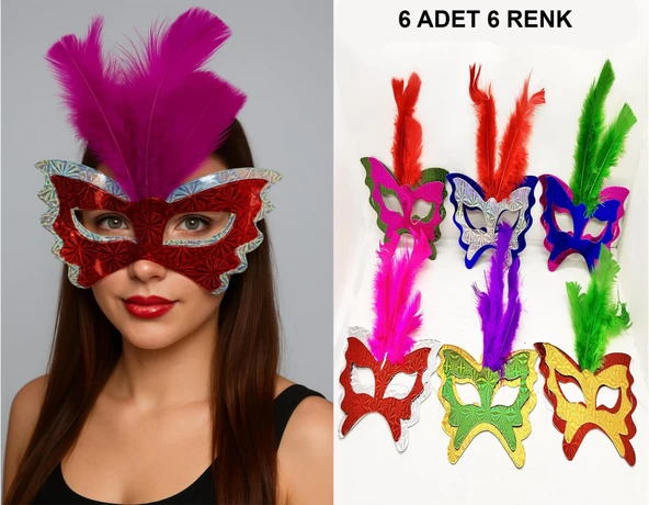Renkli Parti Maskesi 6'lı | Tüylü Karton Maske Seti (Lastikli) ürün görseli 1