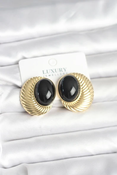 Pirinç Gold Renk Siyah Boncuklu Oval Vintage Kadın Küpe ürün görseli 1