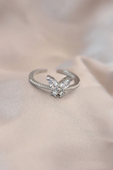 Ayarlamalı Gümüş Renk Metal Zirkon Taş ve Kristal Taşlı Kelebek Model Yüzük ürün görseli 1