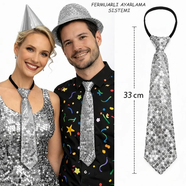 Gümüş Renk Pul Payetli Işıltılı Parti Kravatı 33 cm ürün görseli 1