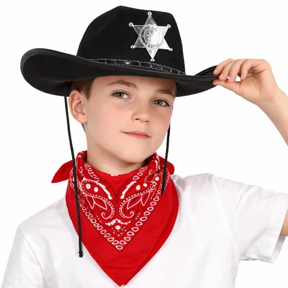Çocuk Kovboy Şapka Rozetli Siyah & Kırmızı Bandana Fular Seti ürün görseli 1
