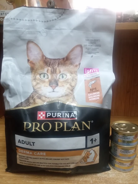 Pro Plan Derma Care Somonlu Tüy Yumağı Önleyici Yetişkin Kedi Maması 3kg+3 adet gourmet gold ton balıklı kedi konserve 85 gram ürün görseli 1