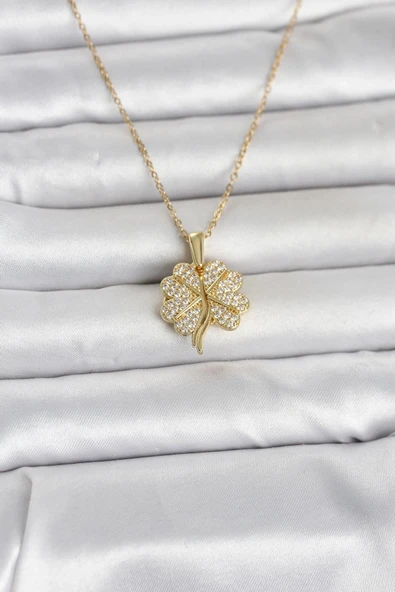 316L Çelik Gold Renk Açılabilir Yonca Model Zirkon Taşlı Kadın Kolye ürün görseli 1