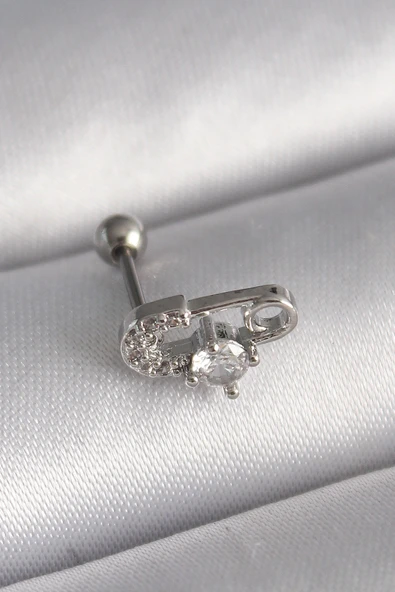 316L Çelik Gümüş Renk Zirkon Taşlı Toplu İğne Tragus Piercing ürün görseli 1