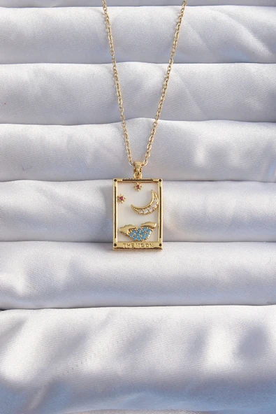 316L Çelik Zincir Gold Renk Ay Detay Mavi Zirkon Taşlı Tarot Kolye ürün görseli 1