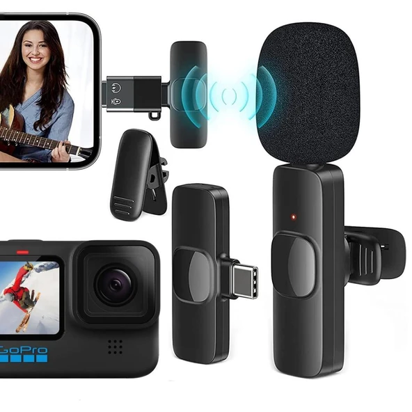 K8 Kablosuz Type-c + Lightning Vlogger Yaka Mi̇krofonu ürün görseli 1