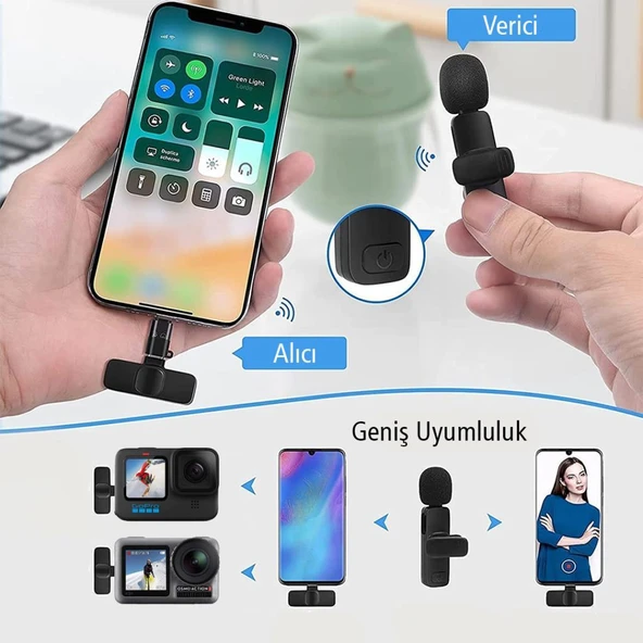 K8 Kablosuz Type-c + Lightning Vlogger Yaka Mi̇krofonu - Resim 2