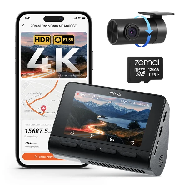 70mai A800SE Araç Kamerası Araç Ön Arka 4K HDR 2160P+1080P, 128 GB SD Kartlı, Taksi için Çift Araç Kamerası ADAS, F1.55 Gece Görüşü, 210S Tampon Acil Durum Ön Kayıt, Park İzleme, 3" IPS, Maks. 512 GB ürün görseli 1