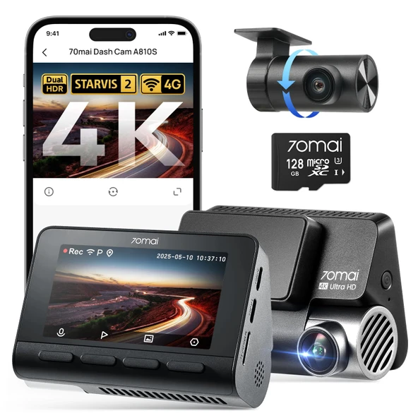 70mai 4K Araç Kamerası Araç Ön Arka A810S, 4K+1080P Çift STARVIS 2 IMX678, Gece Baykuşu Görüşlü HDR Araba Araç Kamerası, WiFi ve Uygulama Kontrolü, 4G LTE, ADAS, 7/24 Park İzleme, 128 GB Mikro SD Kart ürün görseli 1