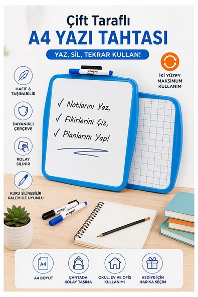 Mavi Çift Taraflı Yazı Tahtası 1 Adet Keyroad 20x30 cm Plastik Kolay Silinebilir Beyaz Yazı Tahtası Büro Etkinlik ürün görseli 1