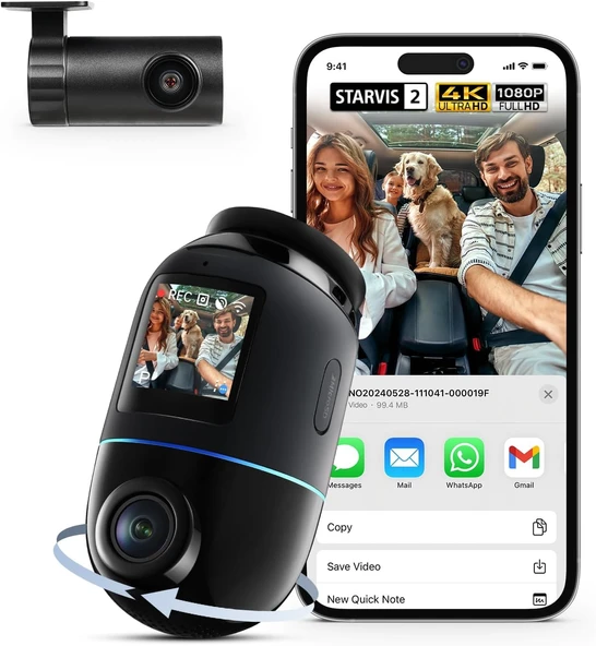 70mai Araç Kamerası 4K Omni, 4K+1080P Araba Kamerası 360 Derece Ön ve Arka, Çift STARVIS 2 HDR, 4G LTE, Yapay Zeka Hareket Algılama, Gece Görüşü, GPS 5GHz WiFi 6, 24H Park Modu 128GB SD Kart ürün görseli 1
