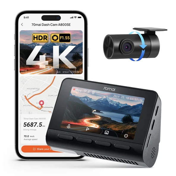 70mai A800SE Dashcam Araç Ön Arka 4K HDR 2160P+1080P, Çift Araç Kamerası 3" IPS, F1.55 Açıklıklı Gece Görüşü, 210s Buffer Acil Durum Ön Kayıt, Park İzleme (Micro SD Kart Dahil Değil) ürün görseli 1