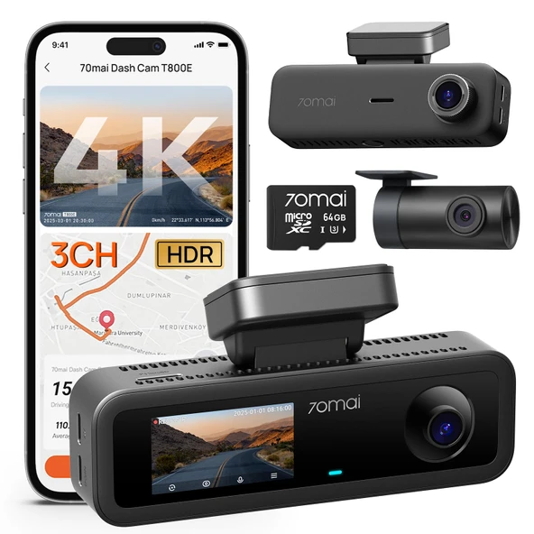 70mai T800E 4K Dashcam Araba 3 Kanallı, 4K+1080P+1080P Ön Arka İç 3 Kanallı Araç Kamerası, HDR F1.55, IR Gece Görüşü, 24H Park İzleme, GPS, G-Sensor, WiFi 6, 64GB SD Kartlı Süper Kapasitör ürün görseli 1