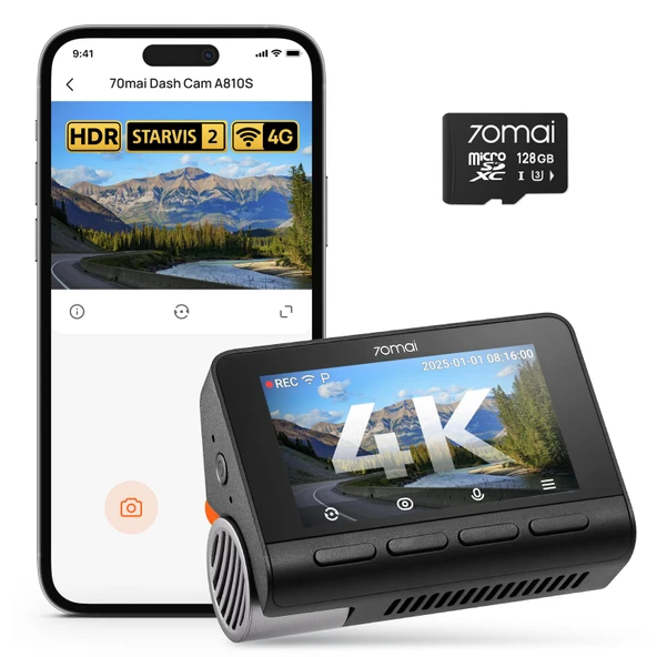 STARVIS 2 HDR gece görüşüne sahip 70mai 4K A810S araç ön kamerası,128 GB kartlı araba kamerası, 7/24 park izleme, AI sensörü, ADAS, uygulama kontrolü, ses kontrolü, 146° geniş açı, isteğe bağlı 4G LTE ürün görseli 1