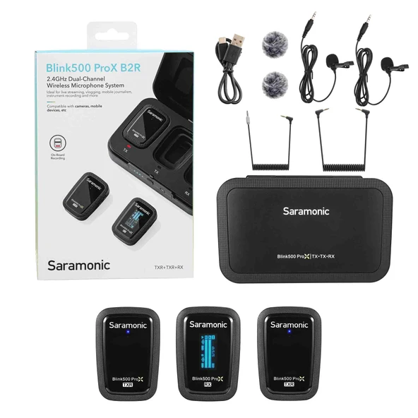 Saramonic Blink 500 ProX B2R 2 kişilik, yerleşik kayıt ve yaka mikrofonlu kablosuz klipsli mikrofon sistemi ürün görseli 1