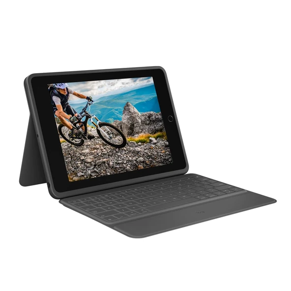 iPad (7., 8. ve 9. Nesil) için Logitech Rugged Folio - Akıllı Konektörlü ve dayanıklı İspanyol QWERTY düzenine sahip koruyucu kılıf - Siyah ürün görseli 1