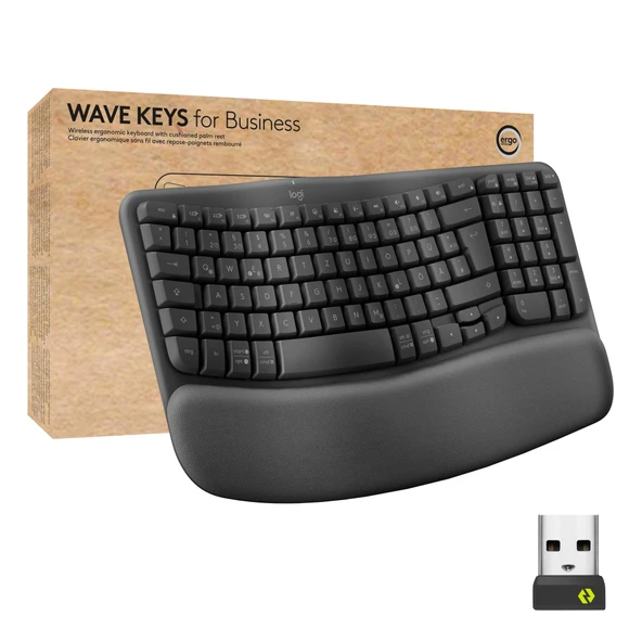 Logitech Wave Keys for Business, yastıklı avuç içi dayanağına sahip kablosuz ergonomik klavye, güvenli Logi Bolt teknolojisi, Bluetooth, Windows/Mac/Chrome/Linux, DEU QWERTZ düzeni, grafit ürün görseli 1