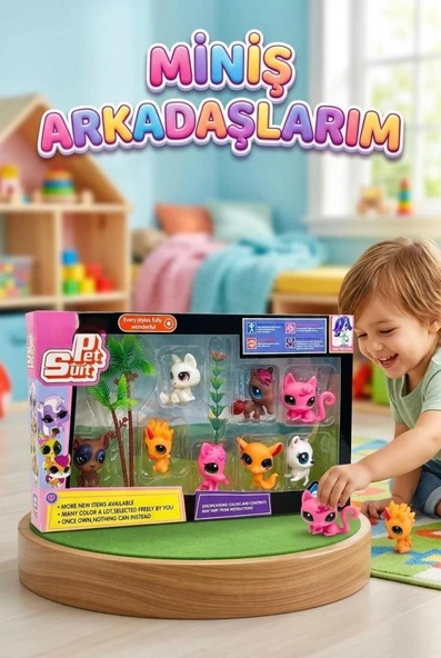 Miniş Arkadaşlarım 8'li Figür Seti - Sevimli Hayvanlar Koleksiyonu ve Aksesuar Paketi ürün görseli 1