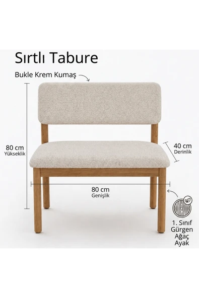 Paye Furni Nuu Minimal Sırtlı Bench 1. Sınıf Gürgen Ahşap ayak, Puf Bench Tabure, Buklu Kumaş ürün görseli 1