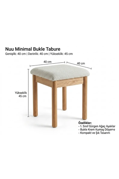 Paye Furni Nuu Minimal 2'li Tabure Gürgen Ahşap ayak, Tabure, Bukle Kumaş ürün görseli 1
