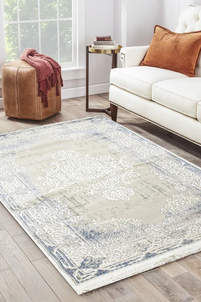 Sultan Erva Beyaz - Mavi Modern Akrilik Makine Dokuma Salon Halısı - 4201 80 X 150 ürün görseli 1