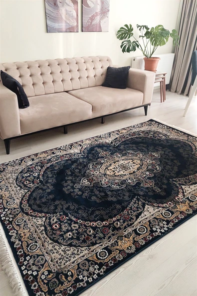 Lacivert Renkli Göbek Detaylı Makine Dokuma Salon Halısı   150 X 233 ürün görseli 1