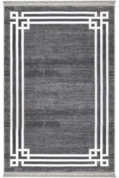 Gri Renkli Beyaz Çerçeve Detaylı  Dokuma Makine Halısı 150 X 233 ürün görseli 1
