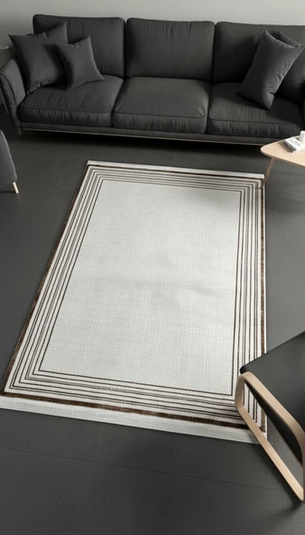 Sultan Zen Çizgili Çerçeveli Desen Vizon Modern Akrilik Makine Dokuma Salon Halısı - 6608 120 X 200 ürün görseli 1