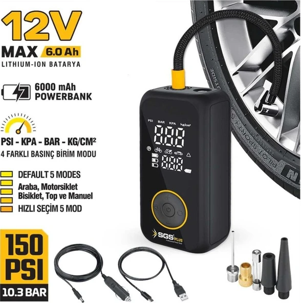 Sgs SGS5398 12V 6.0AH Şarjlı Hava Kompresörü ürün görseli 1