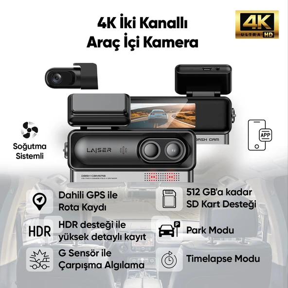 Laiser Alpha 1 4K Araç İçi Kamera 2 Kanallı | Sony IMX678 | GPS + Wi-Fi + Park Modu | Ön-Arka ürün görseli 1