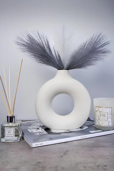 Betonmall El Yapımı Beton Donut Vazo Modern Nordic Boho Dekoratif Mat Beyaz Kuru Çiçek ve Pampas Vazosu ürün görseli 1