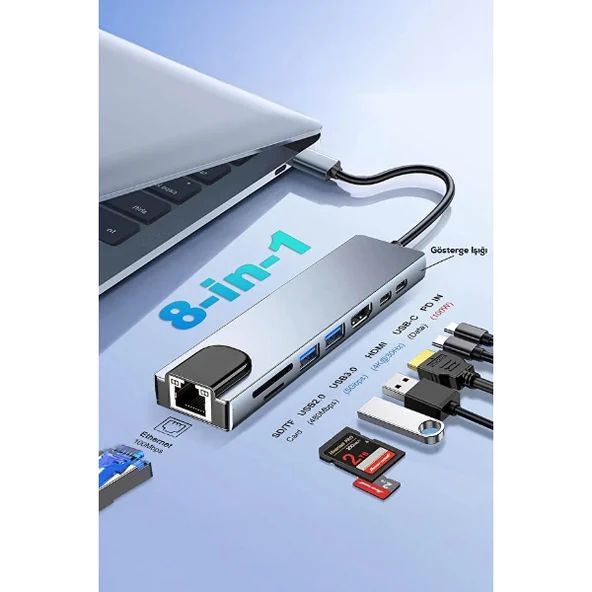 Type C Girişli 8 Port Dönüştürücü Ve Çoklayıcı ürün görseli 1