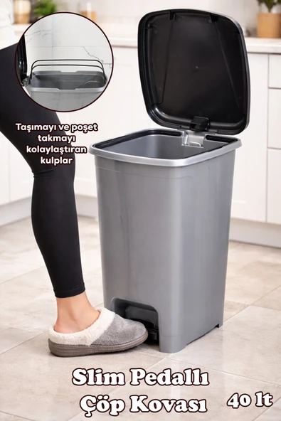 Porsima 0122 Pedallı Metalize Banyo Mutfak Çöp Kovası Siyah Kapaklı Slim Pedallı Çöp Kovası 40 Litre ürün görseli 1