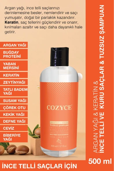 COZYCE COZYCE Argan Yağı & Keratin & Ince Telli Ve Kuru Saçlar & Tuzsuz Şampuan 500 ml & ürün görseli 1