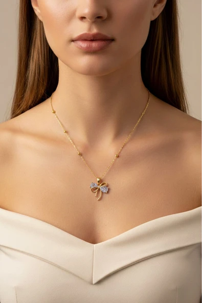X-LADY ACCESSORİES X-LADY ACCESSORİES Altın Renk Damla Fiyonk Model Top Zincir Çelik Kolye - 3695 ürün görseli 1