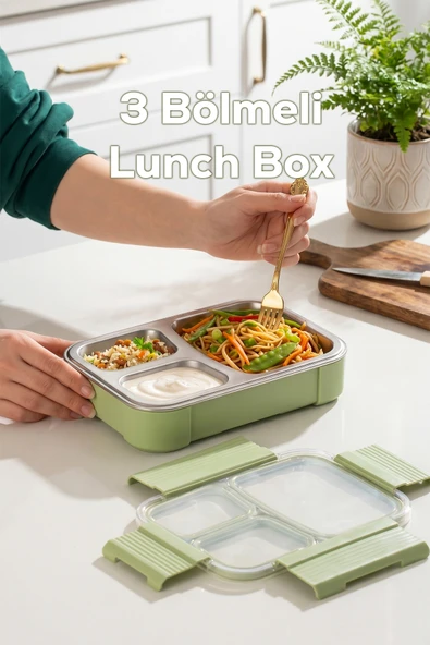Porsima BL25238 Isı Yalıtımlı Paslanmaz Çelik Sızdırmaz Silikon Kapak 3 Bölmeli Vakumlu Yemek Termosu Beslenme Kutusu Taşınabilir Lunch Box Sefer Tası ürün görseli 1