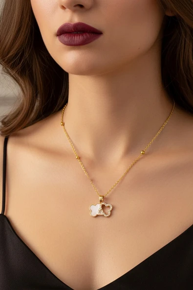 X-LADY ACCESSORİES X-LADY ACCESSORİES Altın Renk Beyaz Mineli Yonca Model Top Zincir Çelik Kolye- 3708 ürün görseli 1