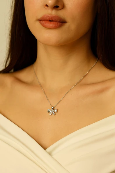 X-LADY ACCESSORİES X-LADY ACCESSORİES Gümüş Renk Fiyonk Baget Sf Zincir Çelik Kolye - 3657 ürün görseli 1