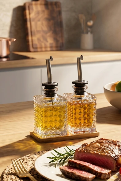 Porsima DHZ90112 2li Bambu Standlı Sızdırmaz Cam Yağlık Sirkelik Yağdanlık 100+100 ml ürün görseli 1