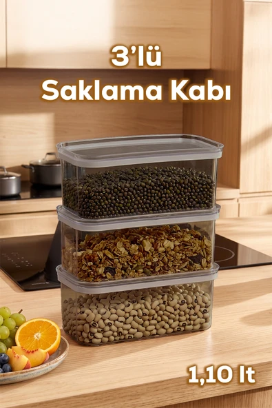 Porsima 420-Gr 3lü Sızdırmaz Yiyecek Erzak Saklama Kabı Seti - 1100ml Gri ürün görseli 1