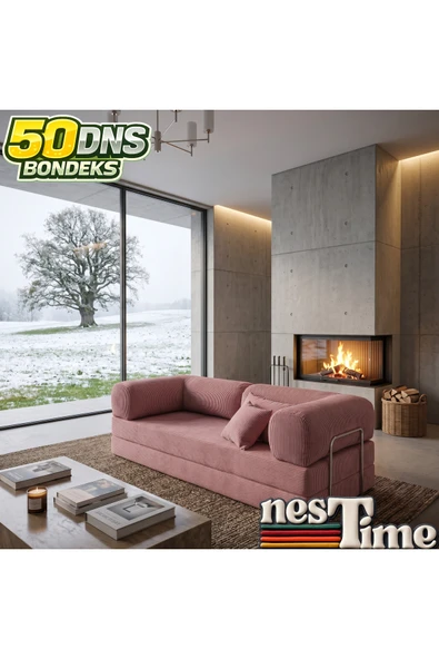 NESTİME 200x100 ComfortNest Fitilli Kadife Kanepe| Yatak Olabilen, Dayanıklı Orta Sert Sünger. Pembe ürün görseli 1