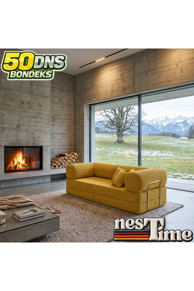 NESTİME 200x100 ComfortNest Fitilli Kadife Kanepe| Yatak Olabilen, Dayanıklı Orta Sert Sünger. Hardal ürün görseli 1