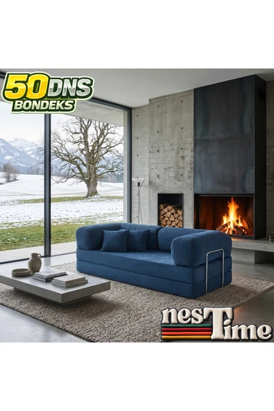 NESTİME 200x100 ComfortNest Fitilli Kadife Kanepe| Yatak Olabilen, Dayanıklı Orta Sert Sünger. Lacivert ürün görseli 1