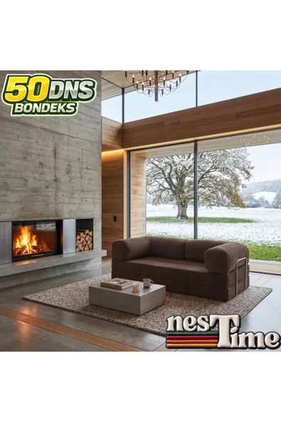 NESTİME 200x100 ComfortNest Fitilli Kadife Kanepe| Yatak Olabilen, Dayanıklı Orta Sert Sünger. Kahverengi ürün görseli 1