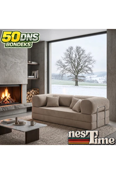 NESTİME 200x100 ComfortNest Fitilli Kadife Kanepe| Yatak Olabilen, Dayanıklı Orta Sert Sünger. Bej ürün görseli 1
