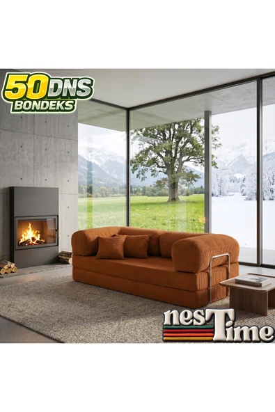 NESTİME 200x100 ComfortNest Fitilli Kadife Kanepe| Yatak Olabilen, Dayanıklı Orta Sert Sünger. Turuncu ürün görseli 1