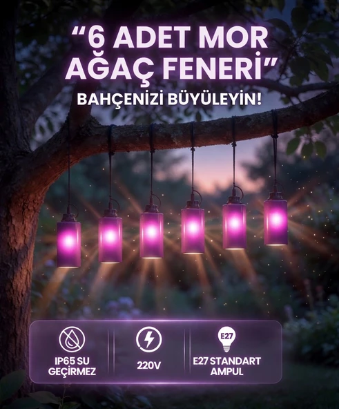6’lı Mor Ağaç Feneri IP65 Su Geçirmez E27 Bahçe Aydınlatma Seti 220V Dekoratif Sarkıt Fener ürün görseli 1